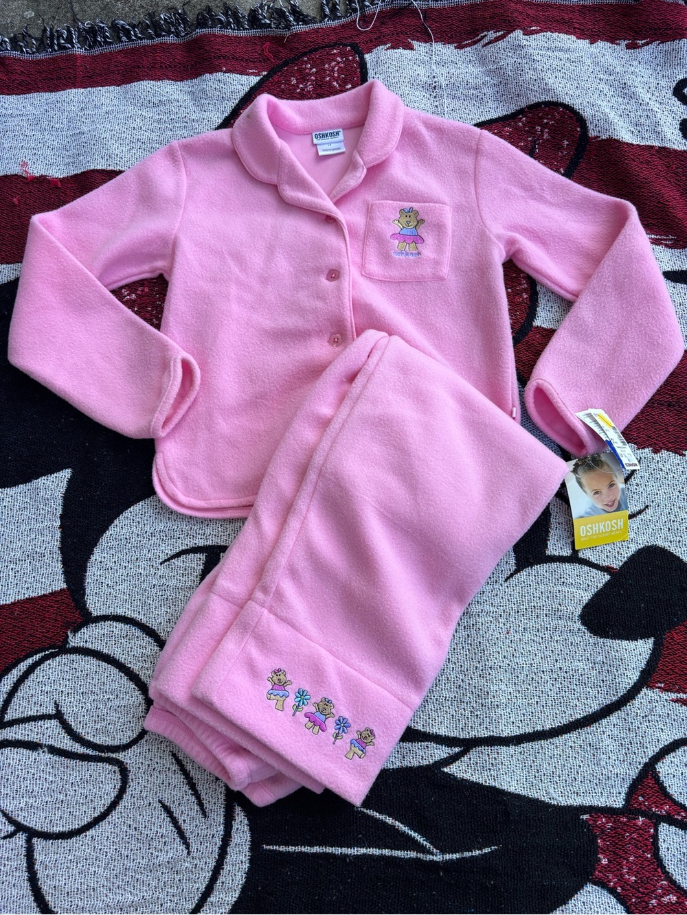 VTG Y2K NWT OSH KOSH PINK FLEECE TEDDY BEAR PAJAMA SET GIRLS SIZE 12
